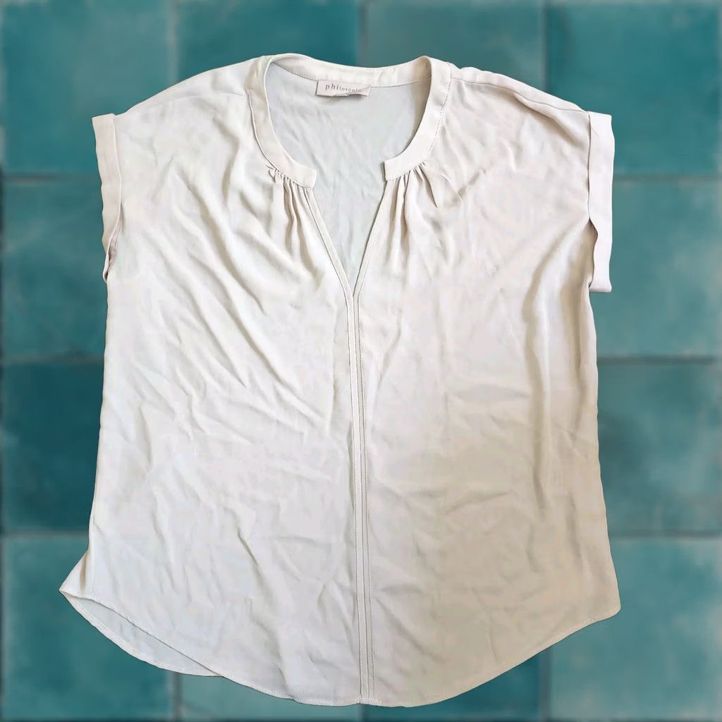 Vintage Philosophy Beige V-Neck Blouse Women's L Regular - Beige, Solid, Polyester, Machine Washable, Casual, Travel, Classic, Spring Summer Fall Size L / US 10 / IT 46 - 1 Thumbnail
