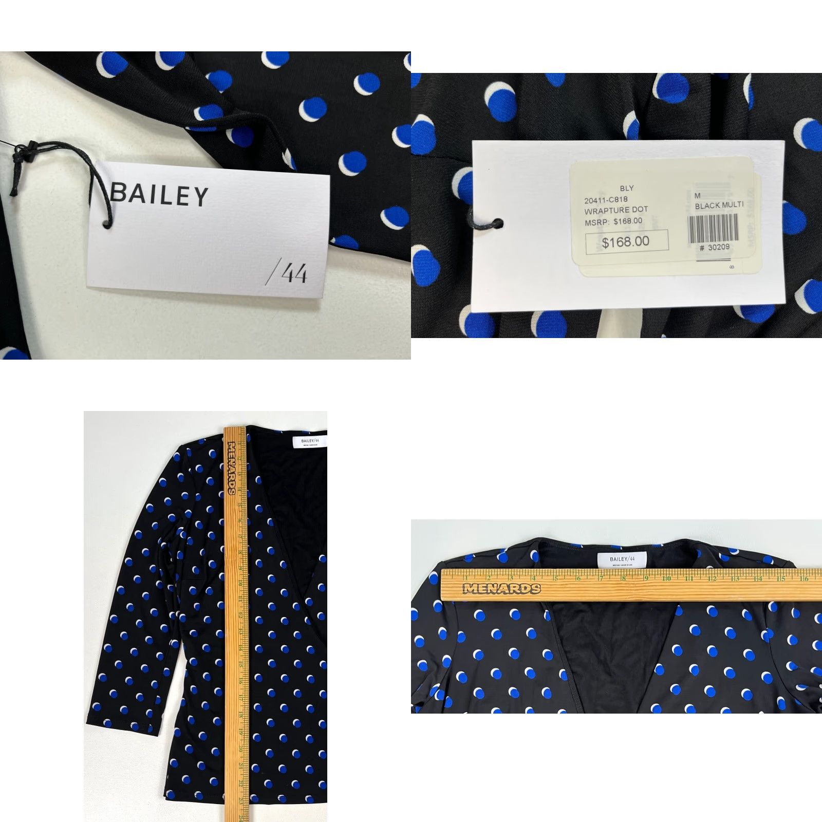Bailey 44 Bailey 44 Blouse Wrap Top 3/4 Sleeve Wrapture Dot NWT Womens Sz M Black Blue Polka Dot V-Neck Designer Made in USA Size M / US 6-8 / IT 42-44 - 9 Thumbnail