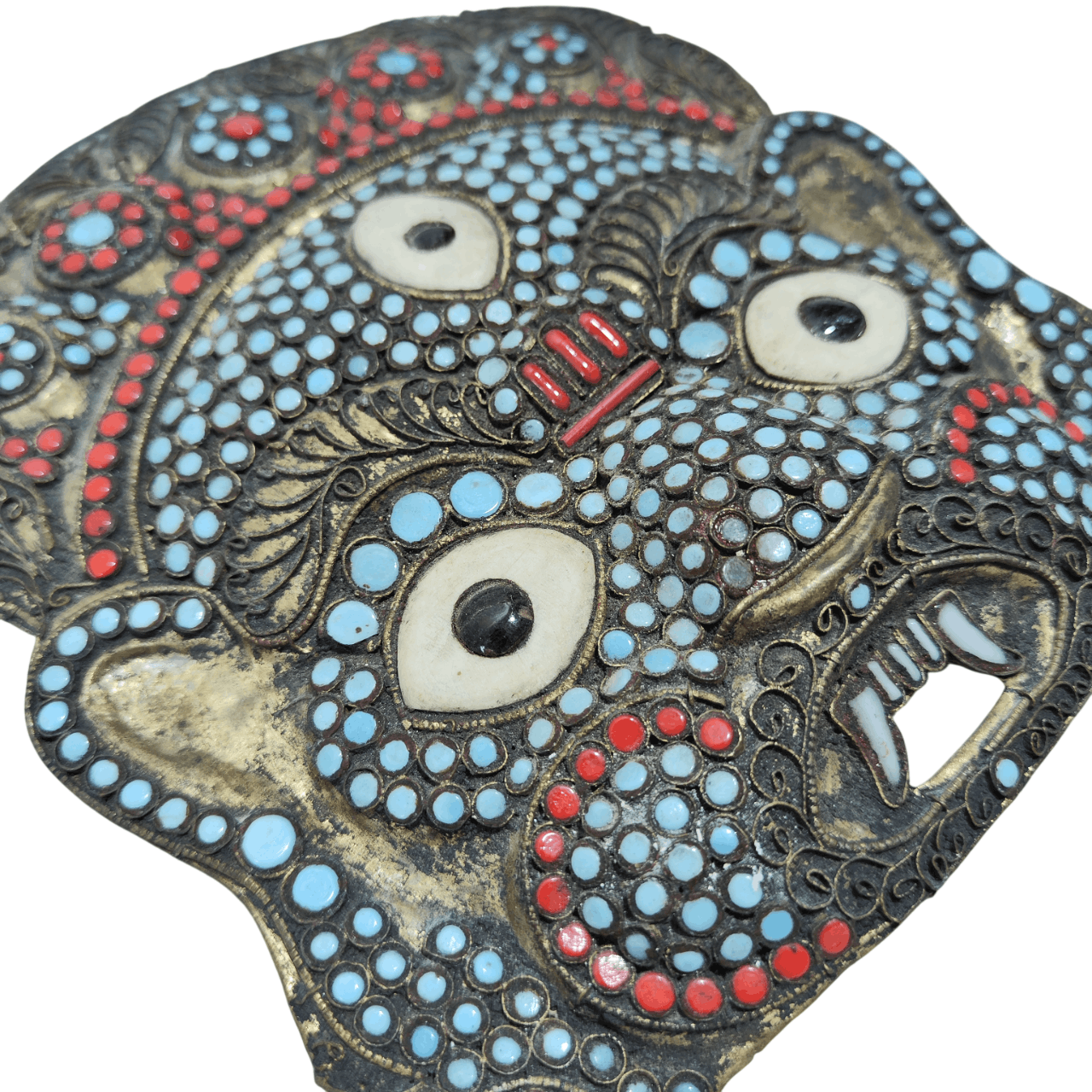 Vintage Tibetan Art Brass Mask Turquoise, Asian Home decoration Size ONE SIZE - 1 Thumbnail