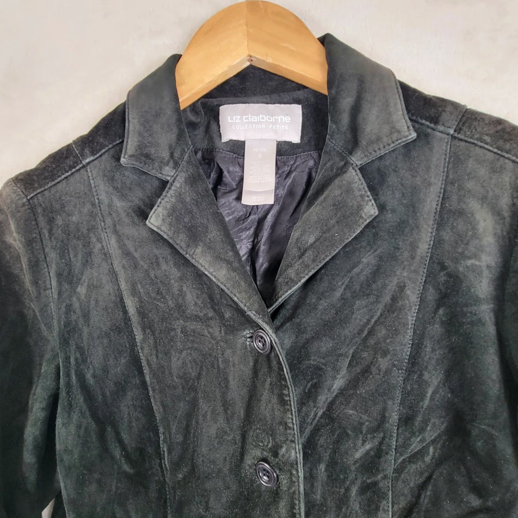 Liz Claiborne Liz Claiborne Blazer Jacket Women's PS Petite Black Suede Mid-Length Button Long Sleeve Lined Polyester City Casual Workwear Fall Winter Size S / US 4 / IT 40 - 2 Thumbnail