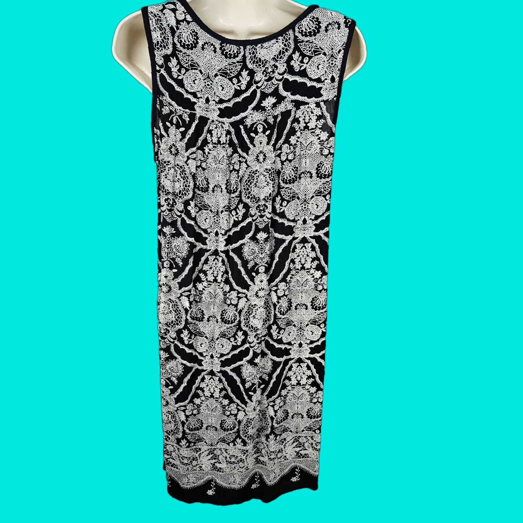 Forbidden NWD Black White Floral Beaded Sequin Accents Boho Midi Dress L Women