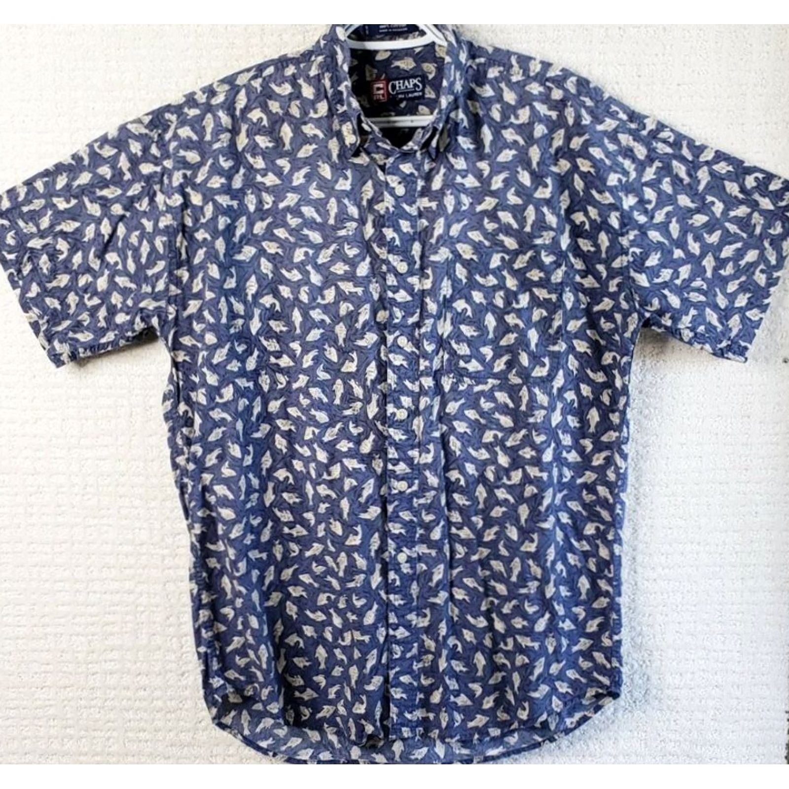 Chaps Chaps Ralph Lauren Mens M Short Sleeve Button-Down Shirt Blue with Fish Pattern, Cotton, Twill, Casual, Button-Up, Regular Fit Size US M / EU 48-50 / 2 - 2 Thumbnail