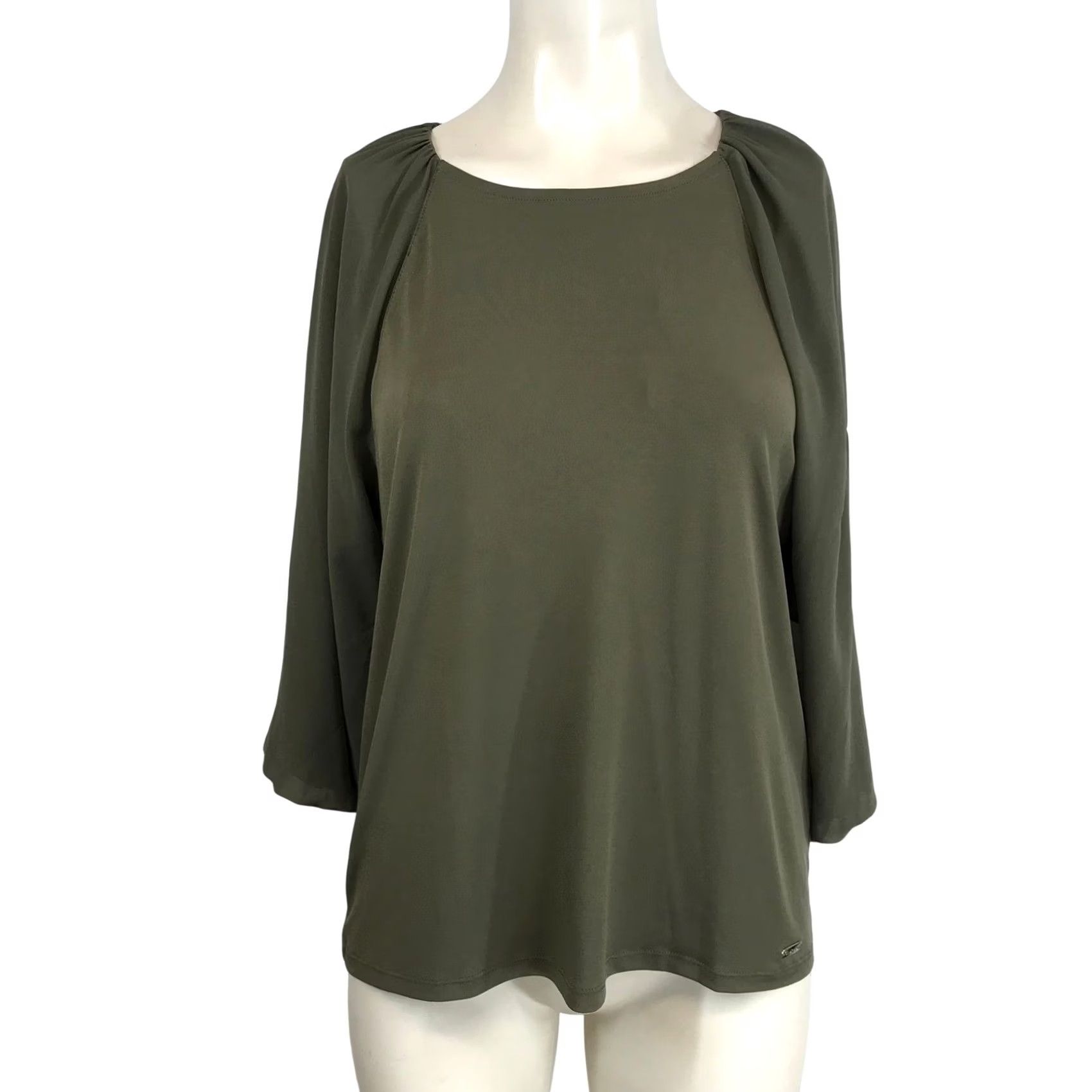 Calvin Klein VINTAGE: Calvin Klein Women Small Olive Green 3/4 Sleeve Boat Neck Top Modern Essentials Size S / US 4 / IT 40 - 2 Thumbnail