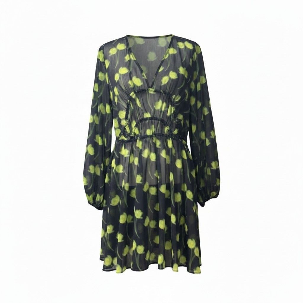Topshop Topshop Floral Ruched Long Sleeve Dress In Medium Green, Sz. Size M / US 6-8 / IT 42-44 - 1 Thumbnail