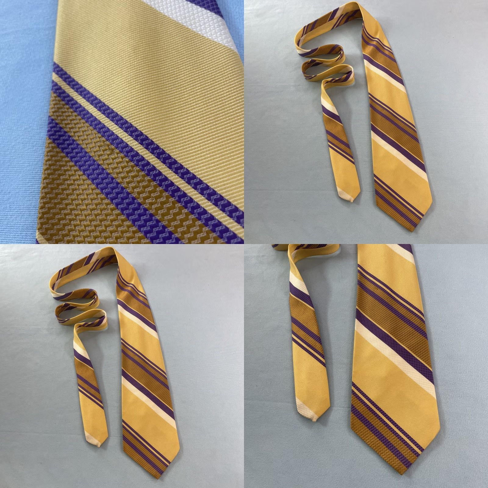 Vintage VINTAGE Mr. Varsity Jack Lang Rayon Tie Repp Tie Purple Gold Lakers 58" Tie Mens 4x58 Yellow Purple White LA 1980s Size ONE SIZE - 10 Thumbnail