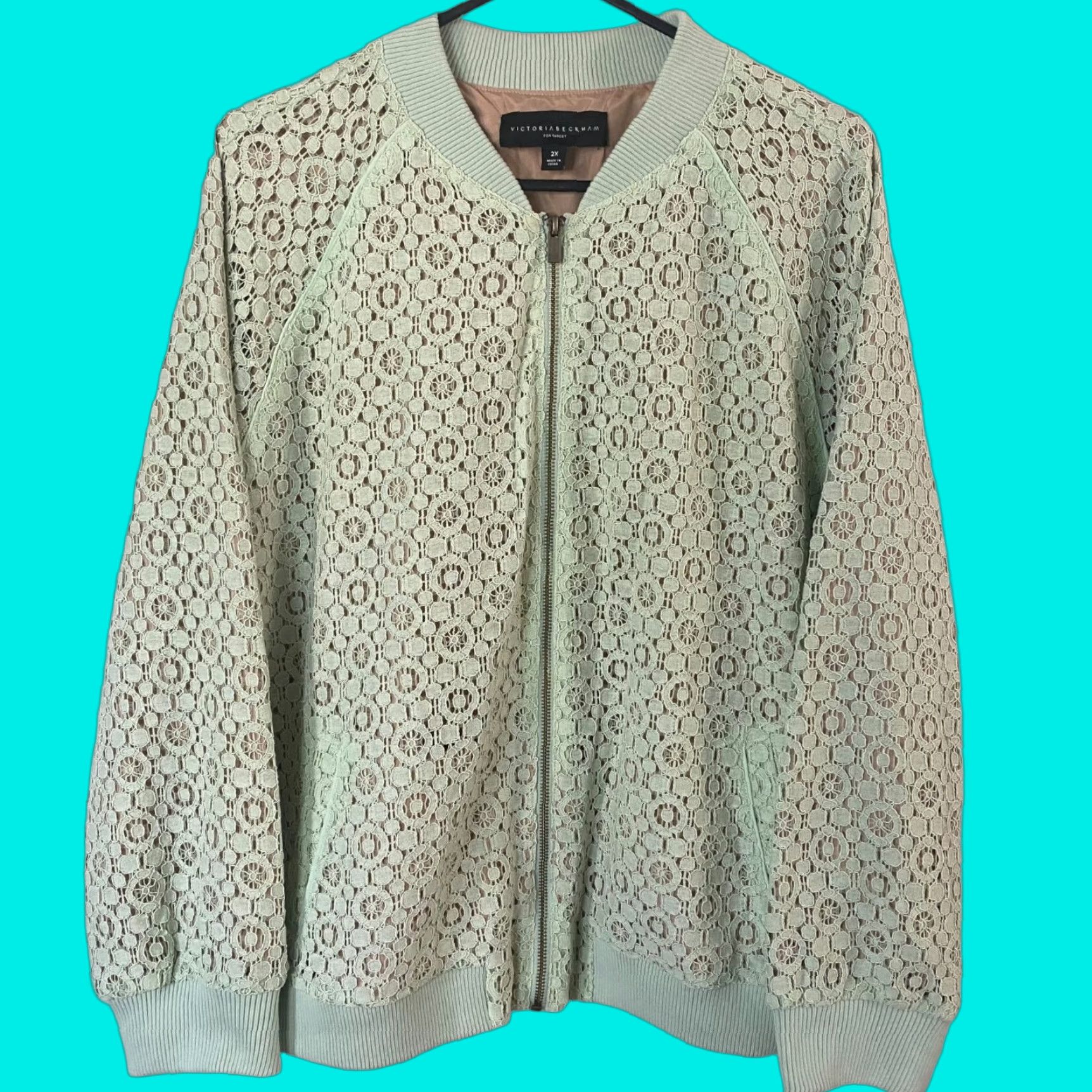 Victoria Beckham Victoria Beckham Mint Green Lace Bomber Jacket Women's 2XL Full Zip Short Sleeve Casual Fashion Size XXL / US 16-18 / IT 52-54 - 1 Thumbnail