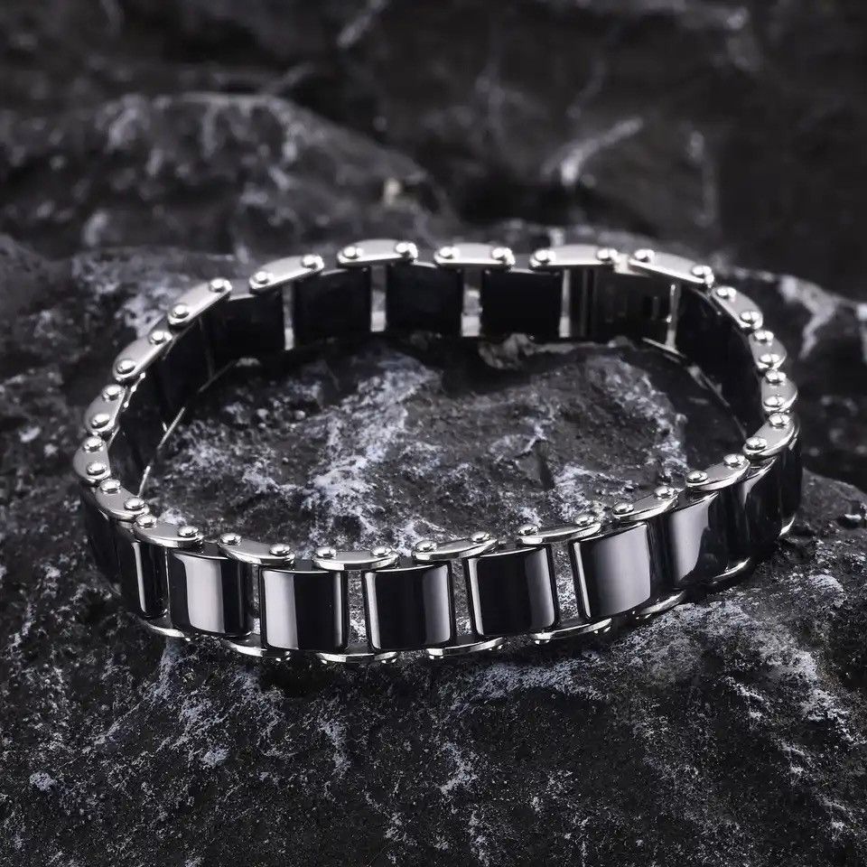 Jewelry × Vintage Black Ceramic Bracelet Natural Stone Link Chain Wristband Size ONE SIZE - 2 Thumbnail