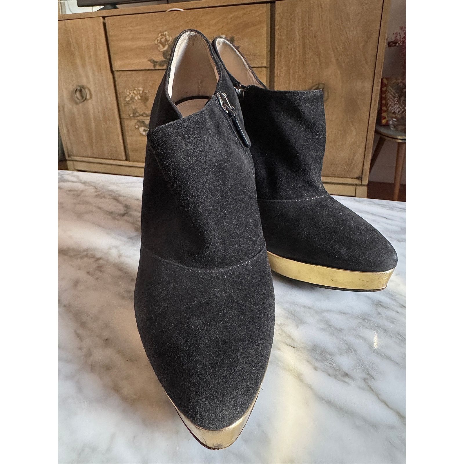Bottega Veneta Bottega Veneta Black Suede Gold Platform Ankle Boots Size US 7.5 / IT 37.5 - 1 Thumbnail