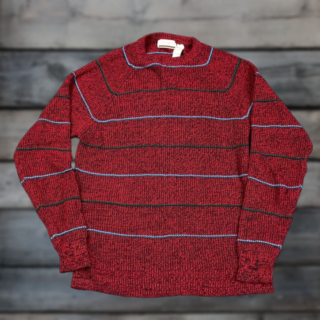 Vintage VTG 90s Red Striped Lightweight Chunky Knit Sweater Adult Large Crew Neck Men Pullover Knit Pattern Striped Red Vintage Mens Size US L / EU 52-54 / 3 - 1 Thumbnail