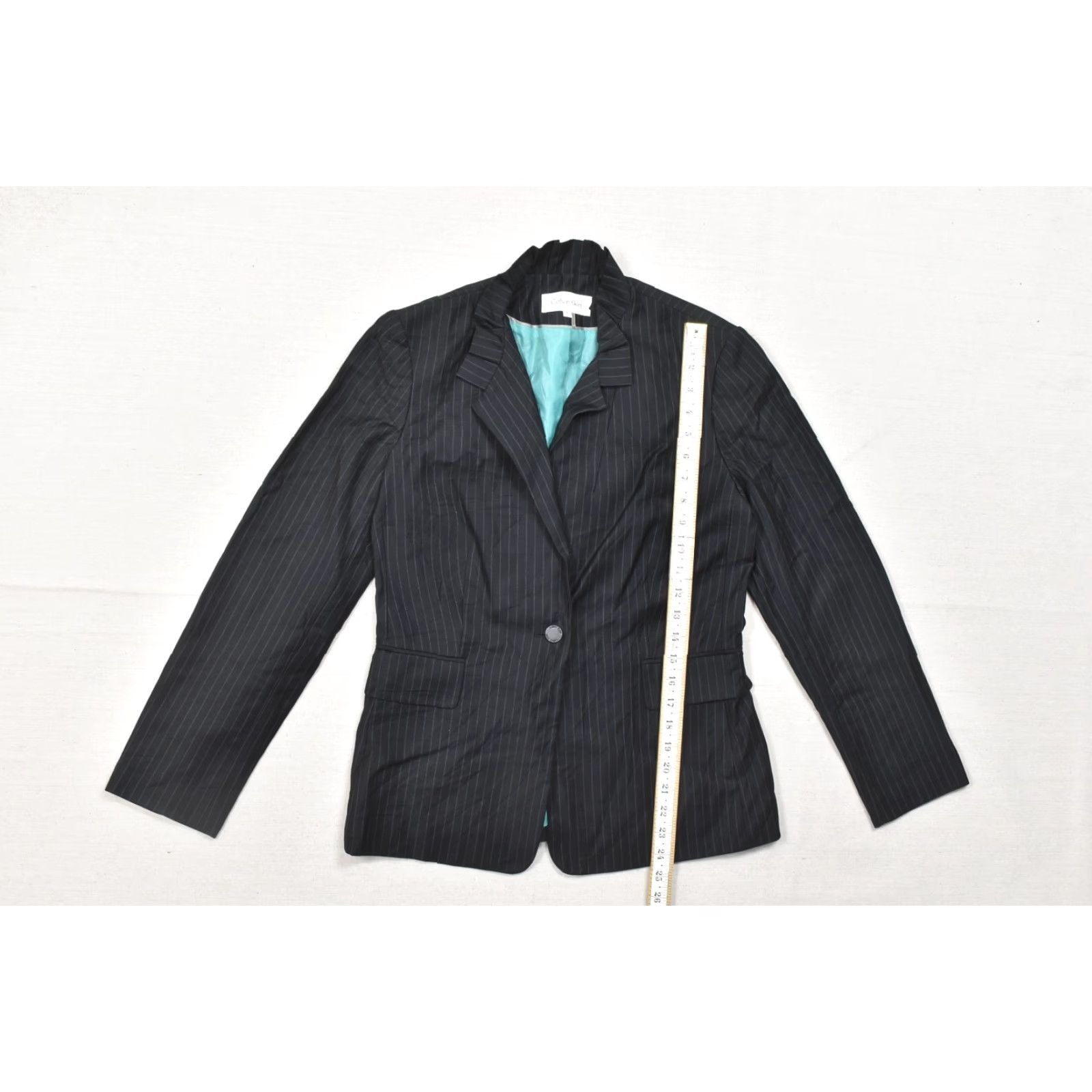 Calvin Klein Calvin Klein Blazer Women Size 6 Black Pinstripe Single Button Teal Lining Pro Medium-Length" Size M / US 6-8 / IT 42-44 - 4 Thumbnail