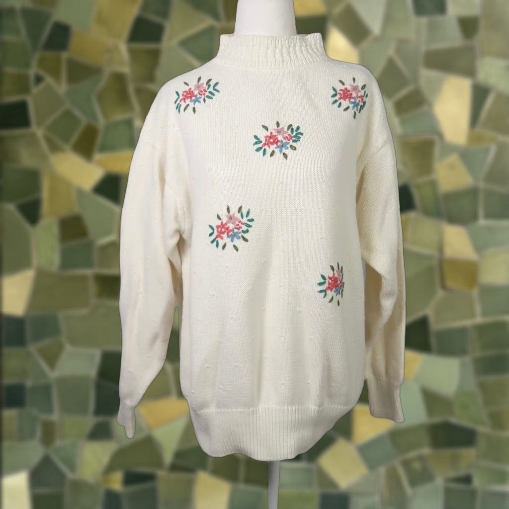 Vintage VINTAGE 80s Cream Cotton Knit Embroidered Mockneck Sweater L Women Floral 90s Pullover Size L / US 10 / IT 46 - 1 Thumbnail