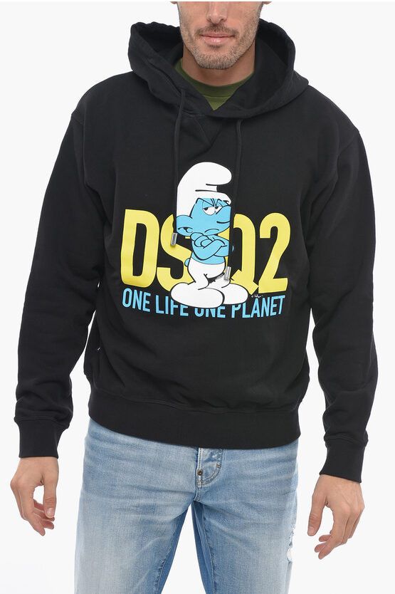 image of Dsquared2 Brushed Cotton Smurfs Cool Hoodie in Black, Men's (Size XL)