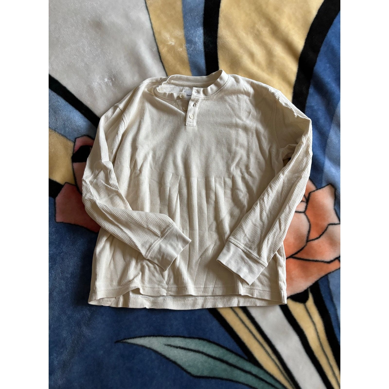 Cream Waffle Knit Henley Thermal Long Sleeve Shirt Men’s