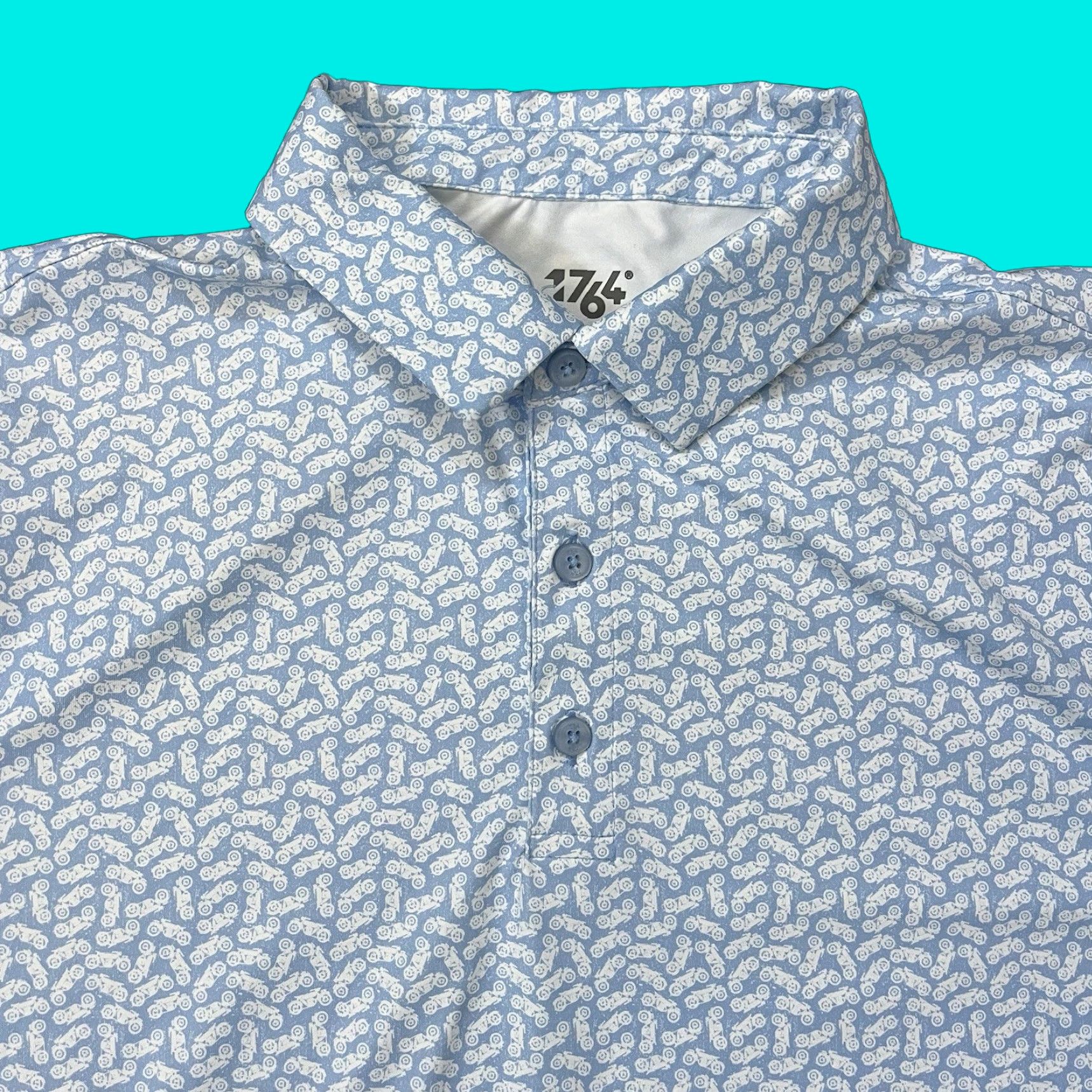 Vintage 1764 Mens Large Golf Polo Shirt Blue Motorcycle AOP Print Performance Shirt Polo Sports Size US L / EU 52-54 / 3 - 1 Thumbnail