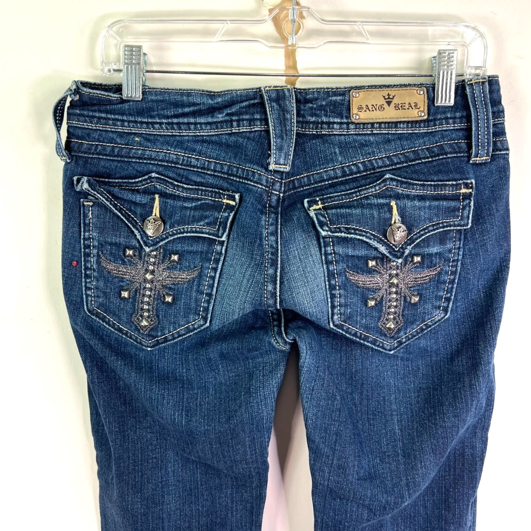 Vintage VINTAGE Sang Real Princess Angel Jeans Women 29 Boot Cut Denim Blue Embroidered Rhinestone Studded 5-Pocket Low Rise 32 Inseam 90s Bohemian Womens Size 29" - 7 Thumbnail