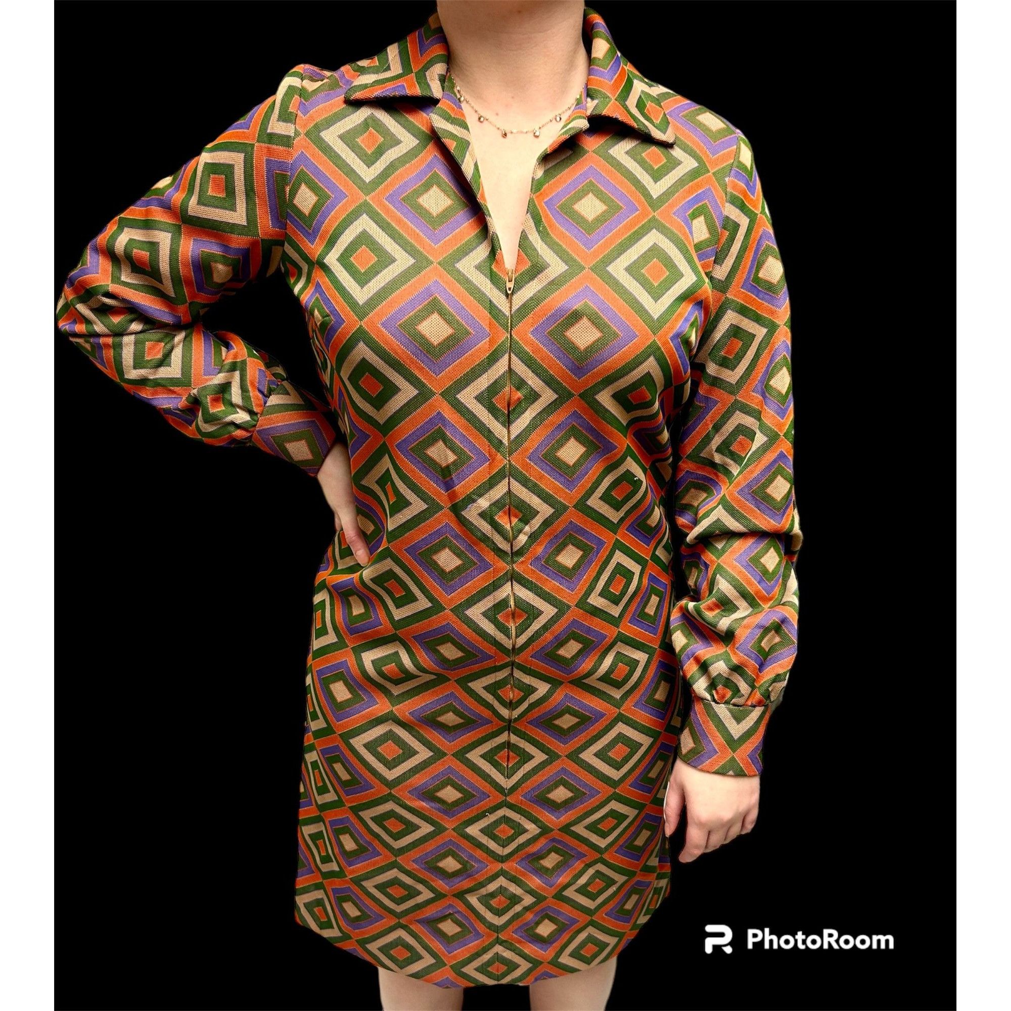 image of Unkwn 60's Textured Knit Orange Green Geometric Mod Dress M in Green Orange, Women's (Size Medium)