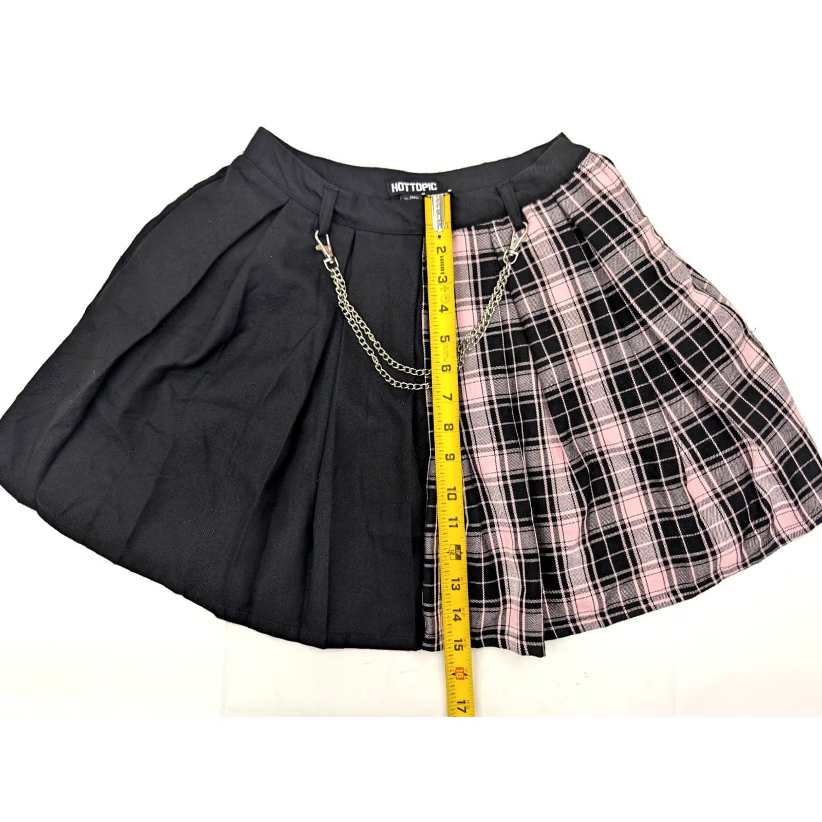 Hot Topic Hot Topic Skirt - Two Tone Solid Black & Plaid Pink Chain Accent Midi Knit Pleated Womens XS/?? Size 36" / US 14 / IT 50 - 3 Thumbnail