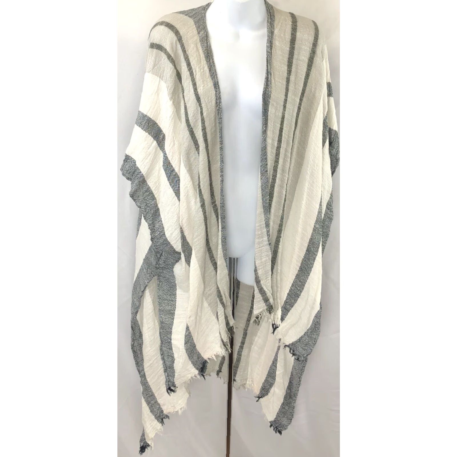 American Eagle Outfitters American Eagle Outfitters Blouse One Size Gray Stripe Fringe Boho Gauzy Pashmina Shawl Wrap Top Shirt Women Size ONE SIZE - 2 Thumbnail