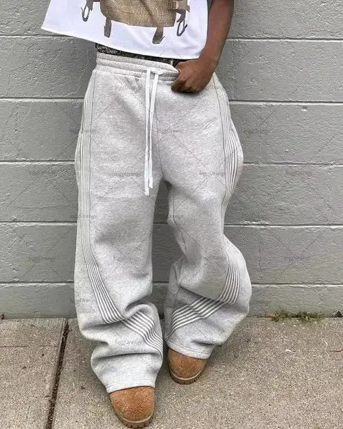 Jean Hip Hop Elastic Waist Stripes Embroidery Baggy Sweatpants Size US 34 / EU 50 - 7 Thumbnail
