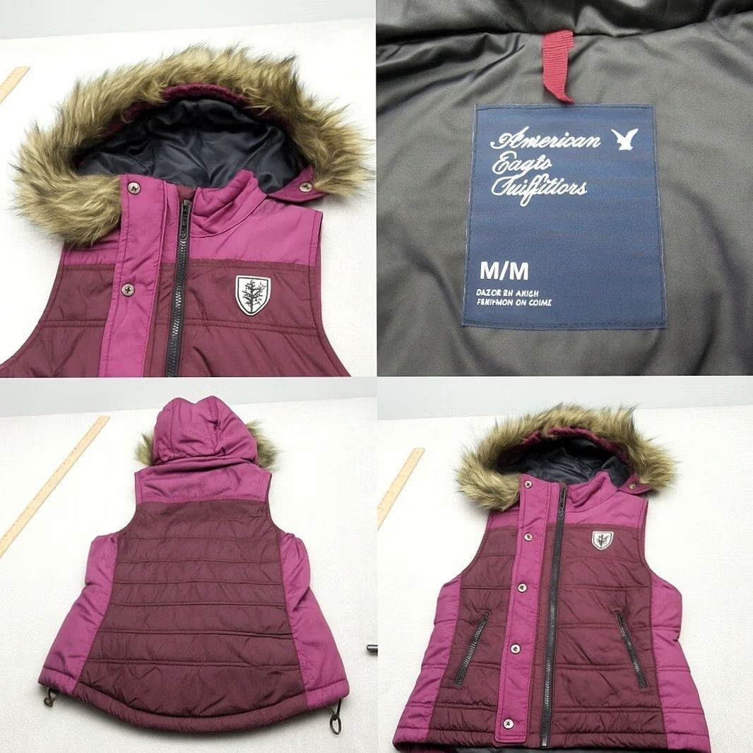 American Eagle Outfitters American Eagle Vest Puffer Womens Medium Purple Faux Fur Hood Trim Full Zip Size M / US 6-8 / IT 42-44 - 2 Thumbnail