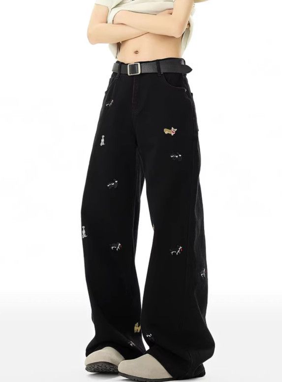 Japanese Brand Men's washed distressed wide-leg puppy embroidered jeans Size US 32 / EU 48 - 4 Thumbnail