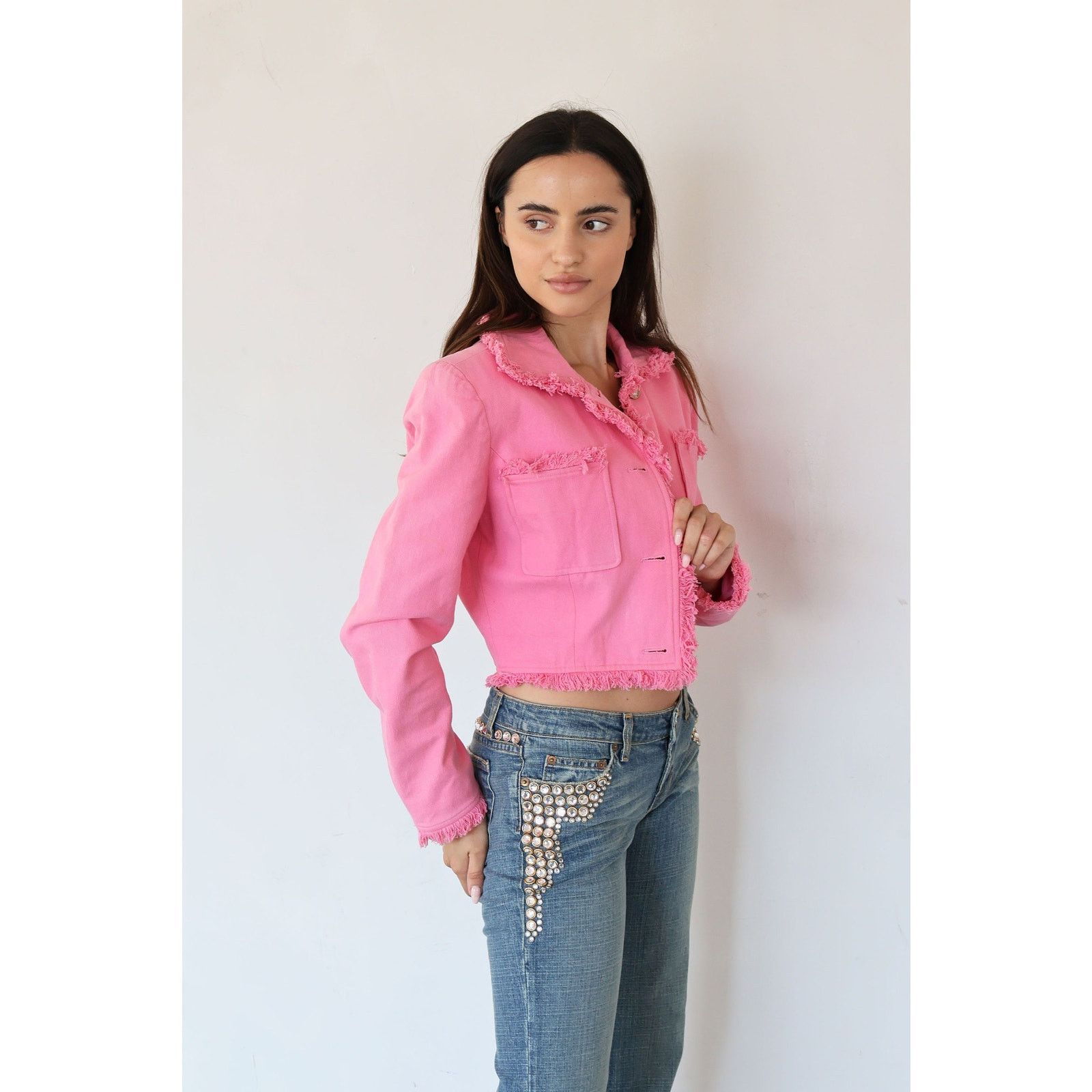 Emanuel Ungaro Vintage EMANUEL UNGARO Hot Pink Denim Jacket Frayed Trim Size M / US 6-8 / IT 42-44 - 4 Thumbnail