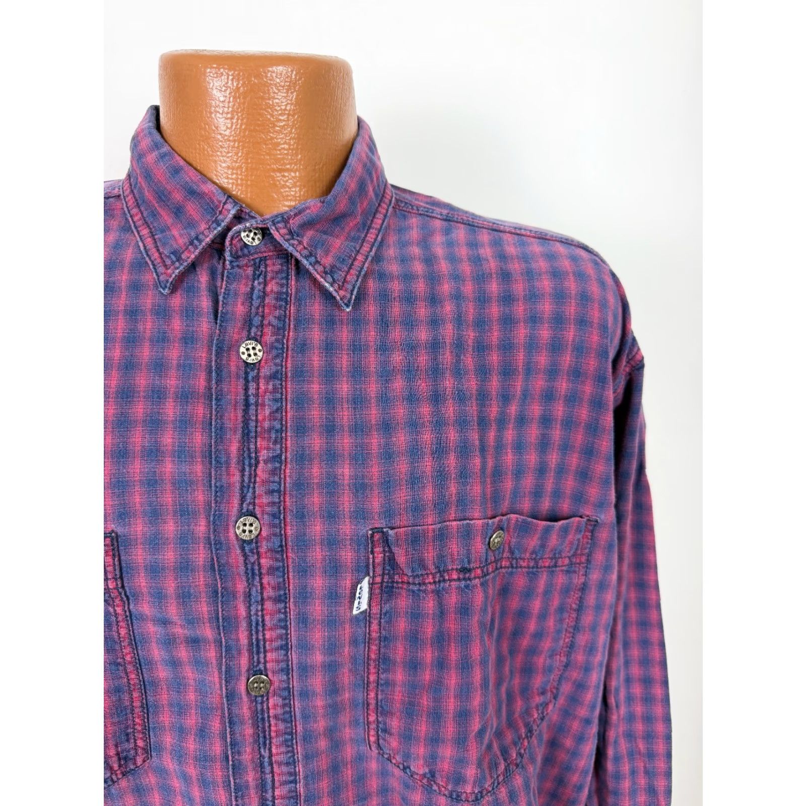 Levi's VINTAGE Levi's Work Shirt Men L Plaid 90s Distressed Button-Up Indigo Blue Cotton Long Sleeve Size US L / EU 52-54 / 3 - 3 Thumbnail