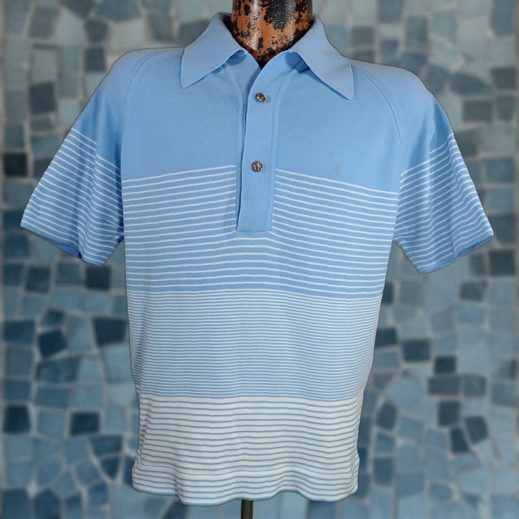 Vintage Vintage 50s 60s Men's Polo Shirt Adult Medium Blue & White Striped 60s 70s Nautical Beach California Retro Size US M / EU 48-50 / 2 - 1 Thumbnail