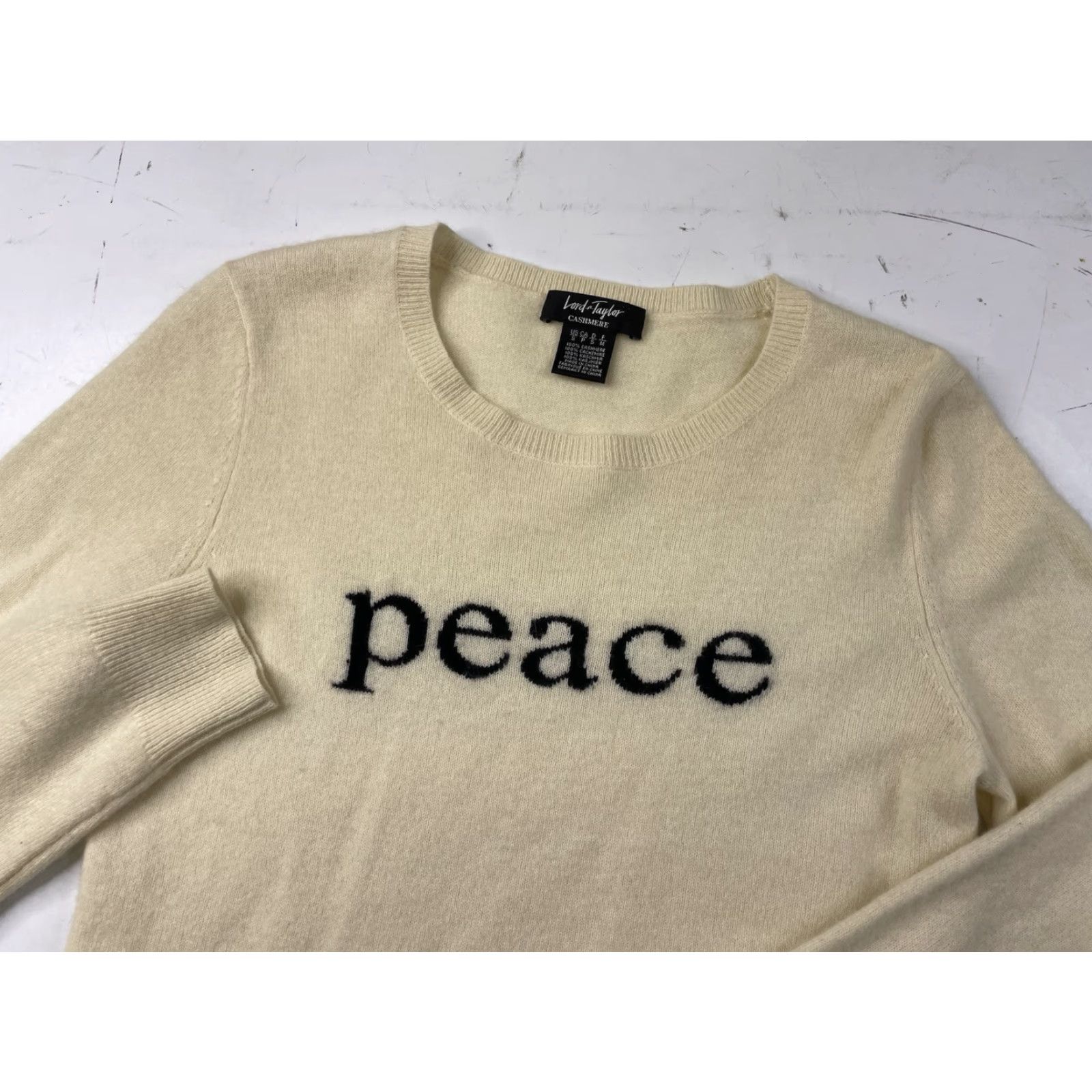 Lord & Taylor LORD & TAYLOR 100% CASHMERE PEACE PULLOVER SWEATER Womens Small S Ivory Pullover Sweater Peace Womens Small Cashmere Size S / US 4 / IT 40 - 2 Thumbnail