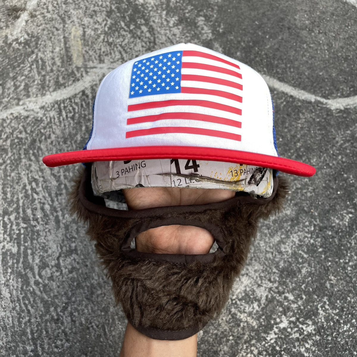 image of Avant Garde x Made In USA Sick Beard Trucker Hat With Us Flag in Red White Blue, Men's