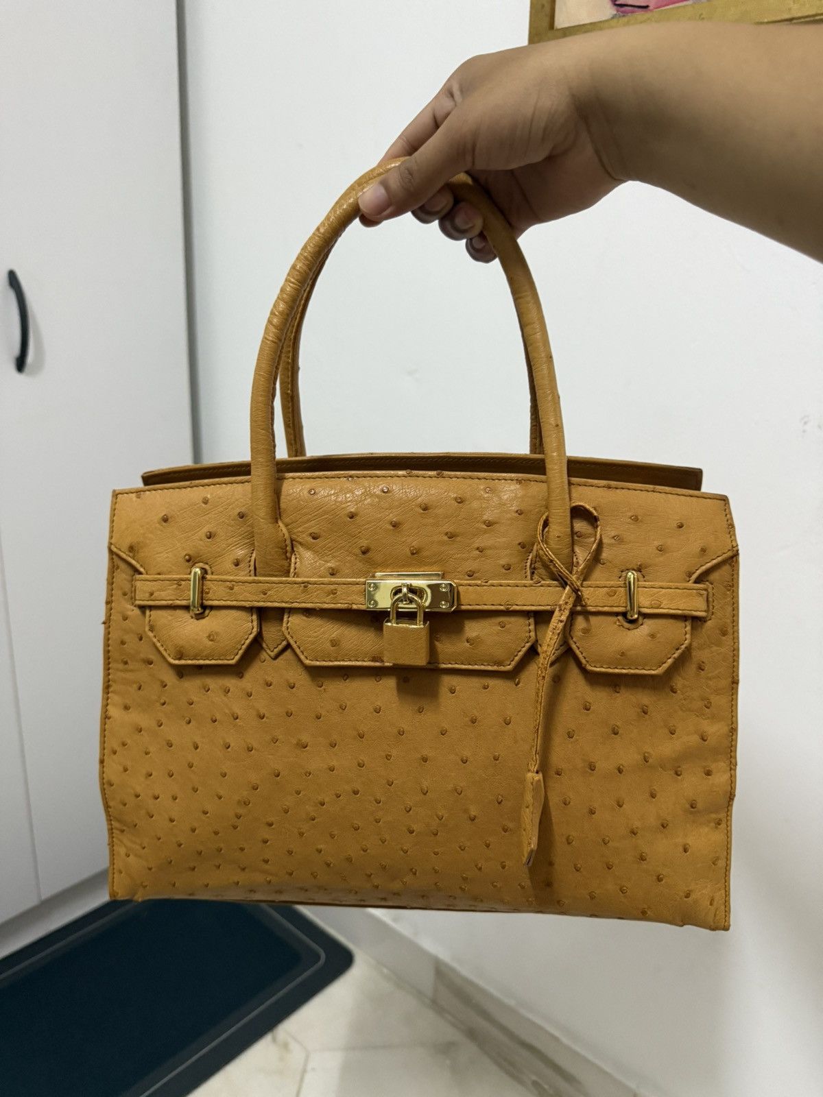 Japanese Brand Ostrich Patina Leather mini inspired hermes Birkin bag Size ONE SIZE - 2 Thumbnail
