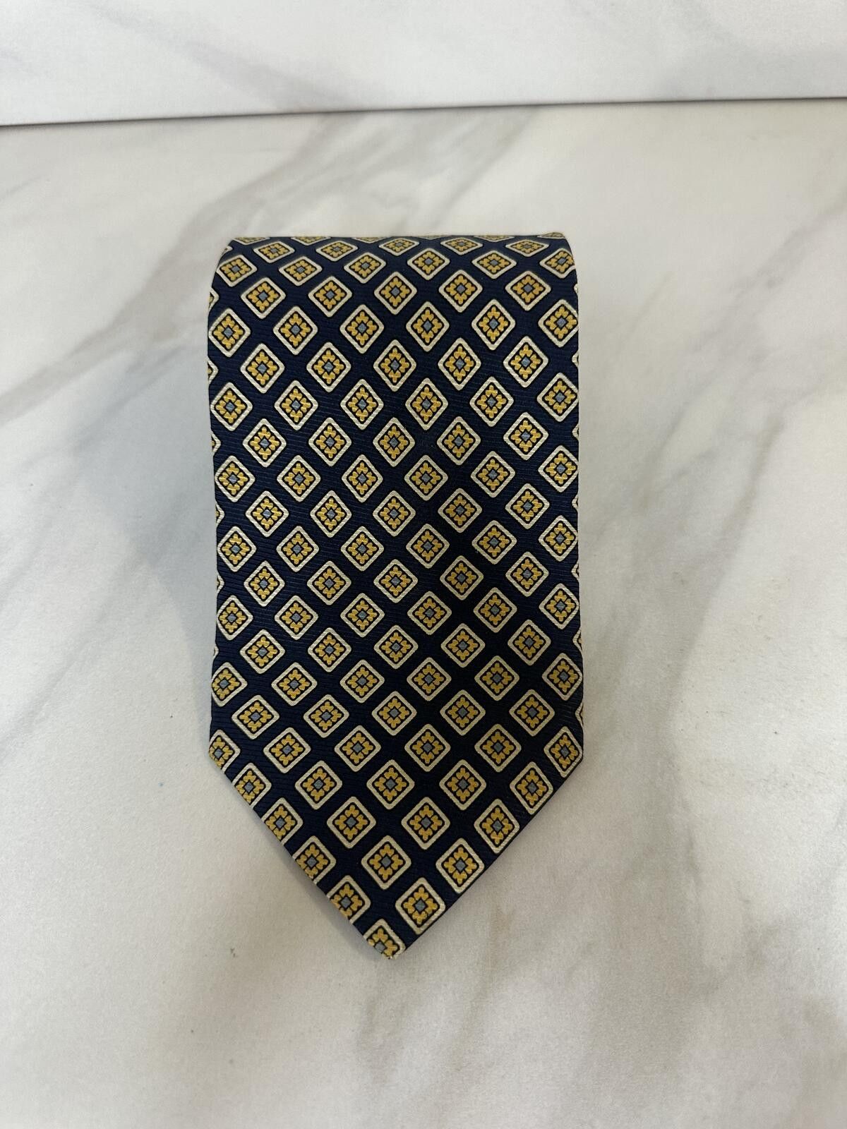 Faconnable Faconnable 100% silk tie navy/gold micro geometric medallion Size ONE SIZE - 1 Thumbnail