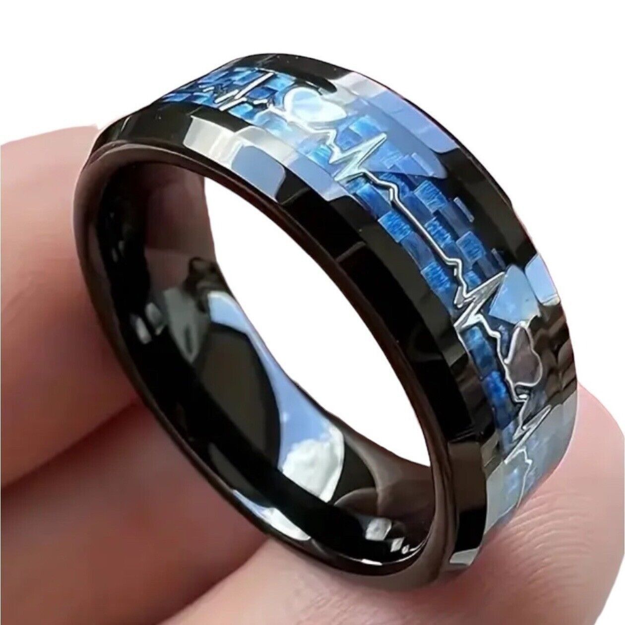 Designer Black Tungsten Carbide Ring With Blue Carbon Fiber Inlay & H Size ONE SIZE - 2 Thumbnail