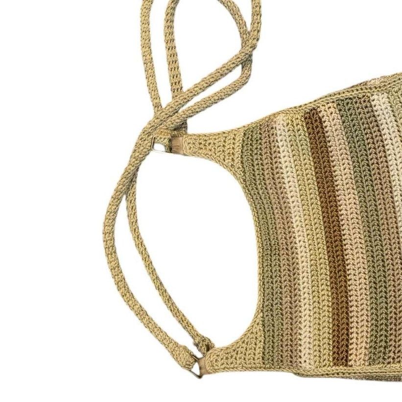 Other VINTAGE Tan Crochet Shoulder Bag Striped Knit Purse Handmade Size ONE SIZE - 3 Thumbnail