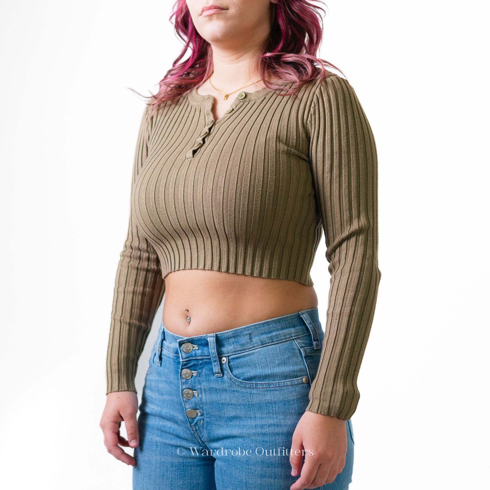 Forever 21 F21 Cropped Ribbed Long Sleeve Olive Green Size S / US 4 / IT 40 - 5 Thumbnail