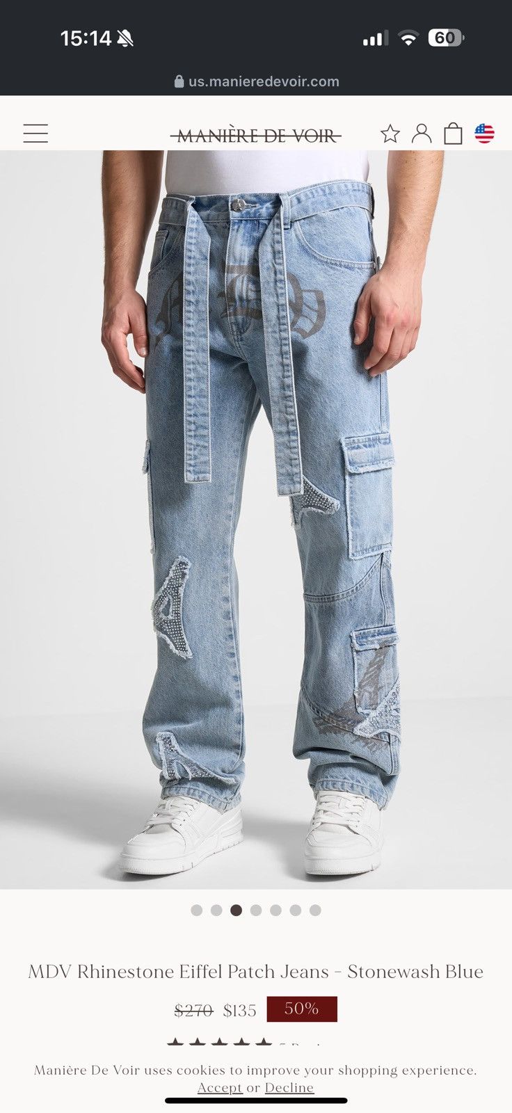 Maniere De Vior MDV Rhinestone Eiffel Patch Jeans - Stonewash Blue Size US 36 / EU 52 - 1 Thumbnail
