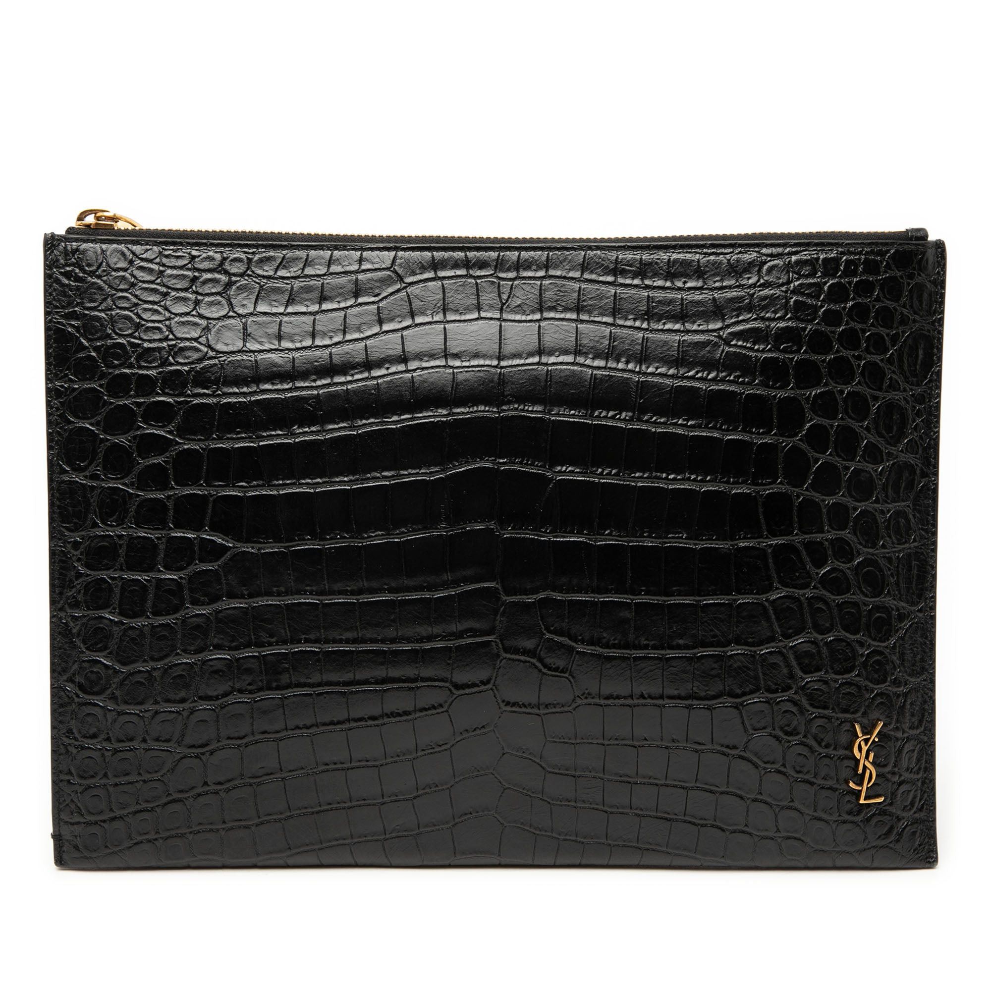 Saint Laurent Paris Croc Embossed Leather Tiny Monogram Zipped Tablet Holder Size ONE SIZE - 1 Thumbnail
