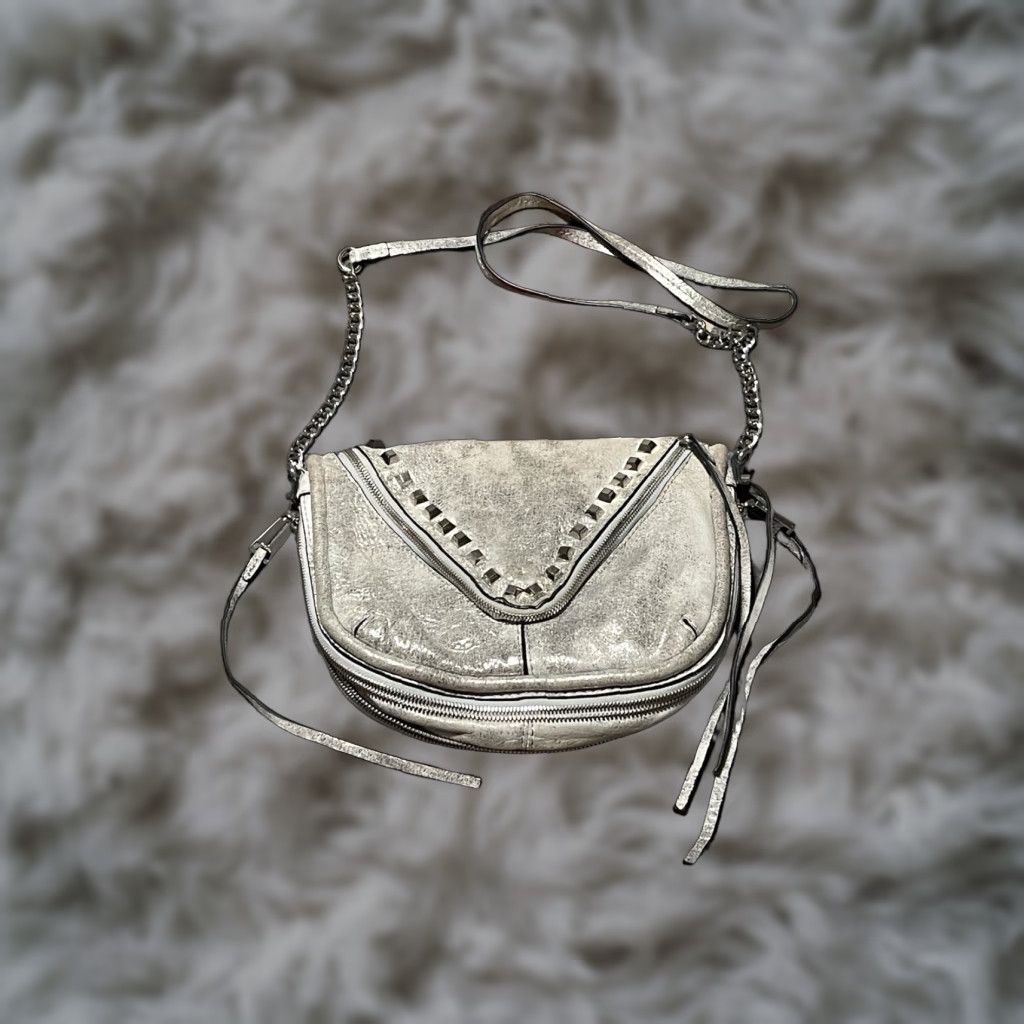 SHE + LO Crossbody Leather Studded Metallic Silver NWT Small/Medium Bag with Chain Strap Women Vintage No N/A