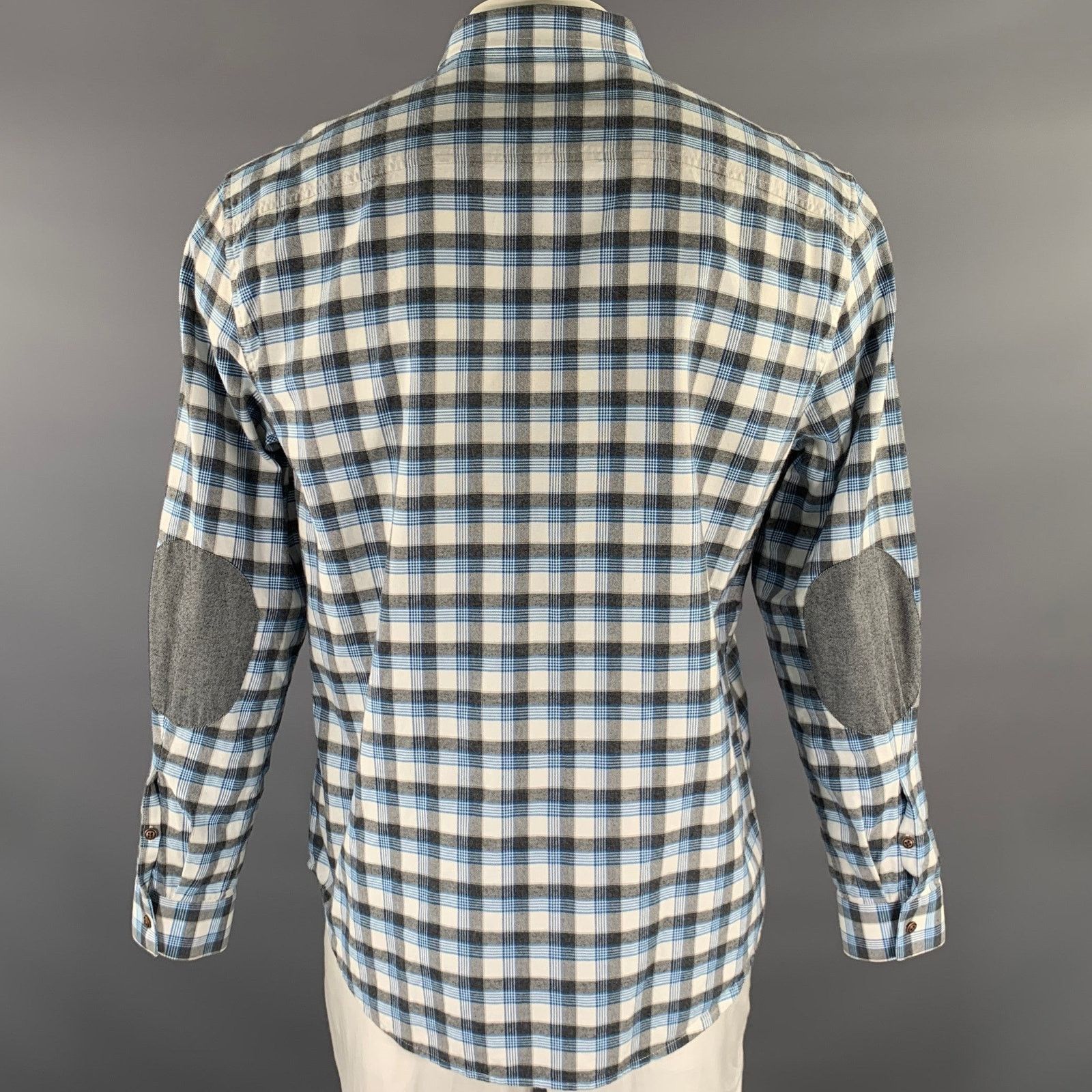 ATM ATM Gray Blue Plaid Cotton Elbow Patches Long Sleeve Shirt Size US L / EU 52-54 / 3 - 4 Thumbnail