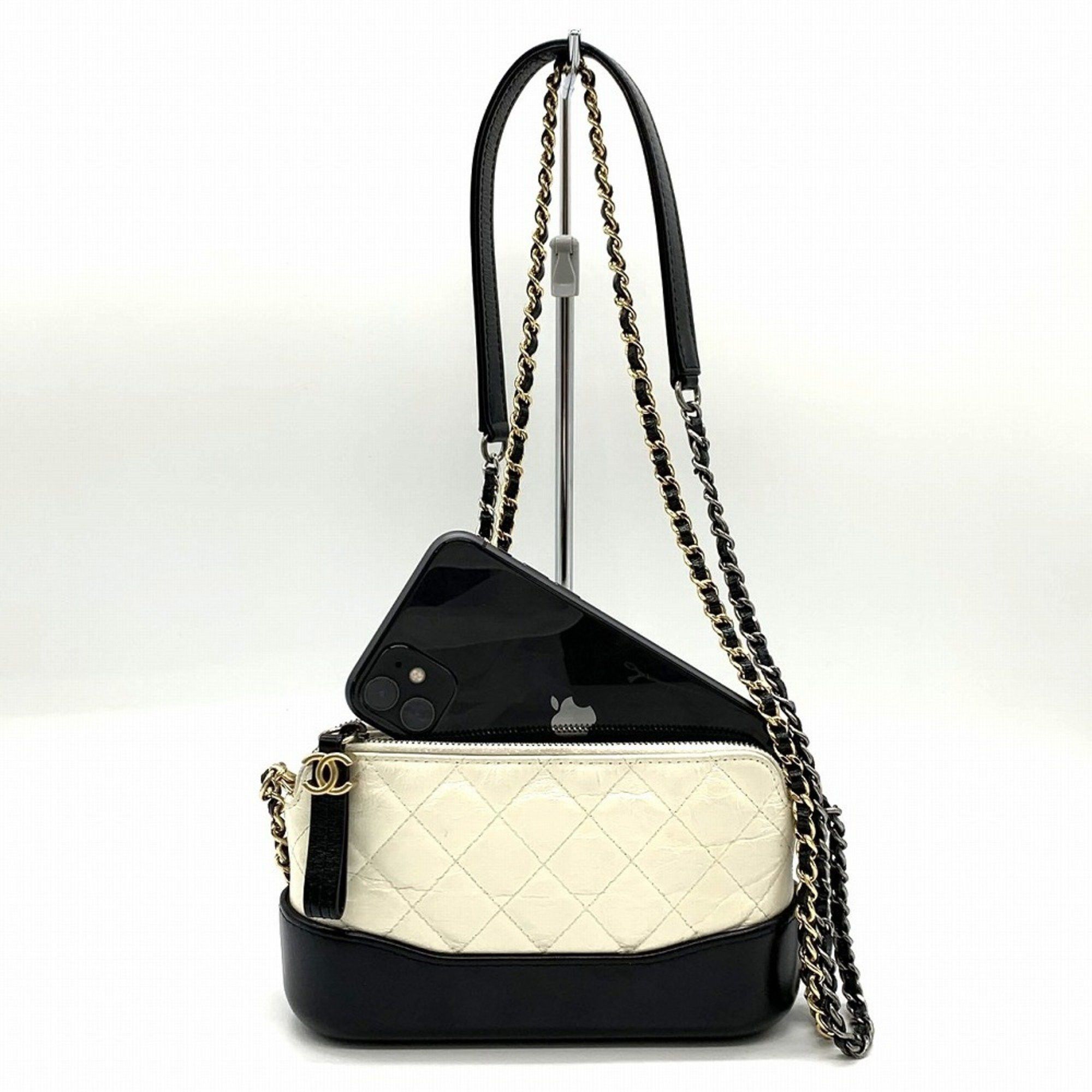 Chanel Gabrielle Phone Holder Smartphone Case 25 Series Chain Wallet Mini Shoulder Bag Leather White/black Bicolor Women's