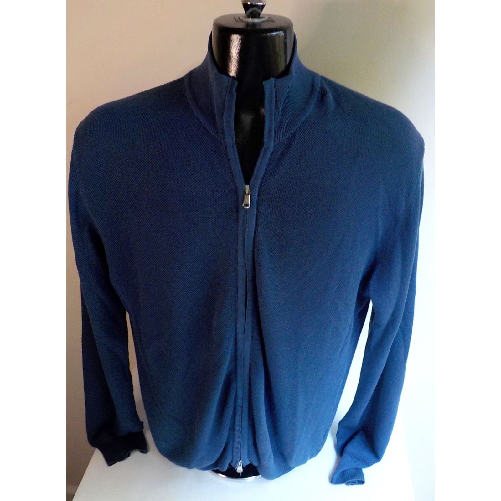 Vintage DAVID DAWAN Zipper Front Mens Cardigan Sweater Blue 100% Cotton XL Knit Mock Neck Ribbed Cuffs and Waistband Regular Size Size US XL / EU 56 / 4 - 2 Thumbnail