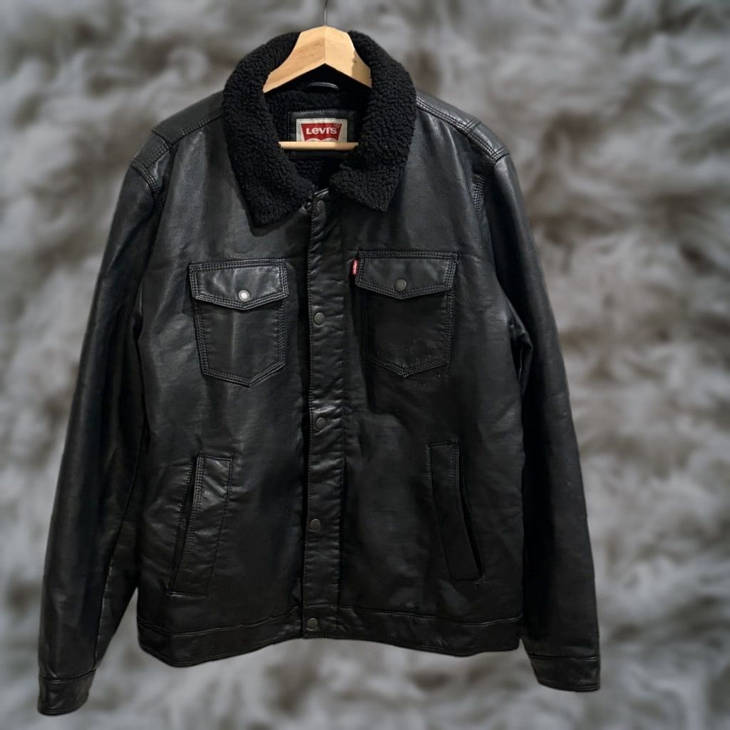 Levi's Levi's Trucker Jacket Mens Large Black Faux Leather Sherpa Lined Motorcycle Size US L / EU 52-54 / 3 - 1 Thumbnail