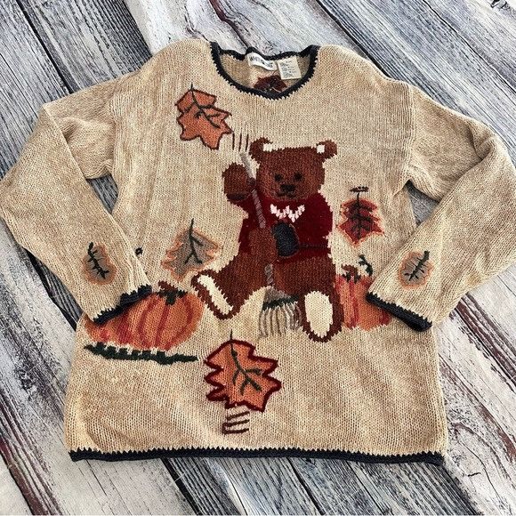 Vintage Vintage White Stag Cozy Bear Raking Leaves Oversized Sweater Size L / US 10 / IT 46 - 2 Thumbnail