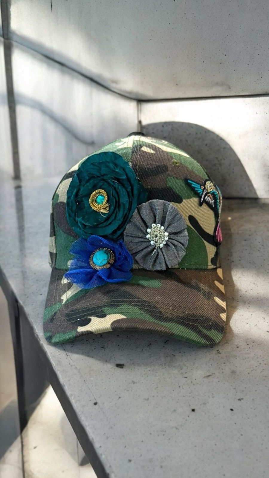 Other Custom/cap embellished with flowers and hummingbird. Size ONE SIZE - 1 Thumbnail