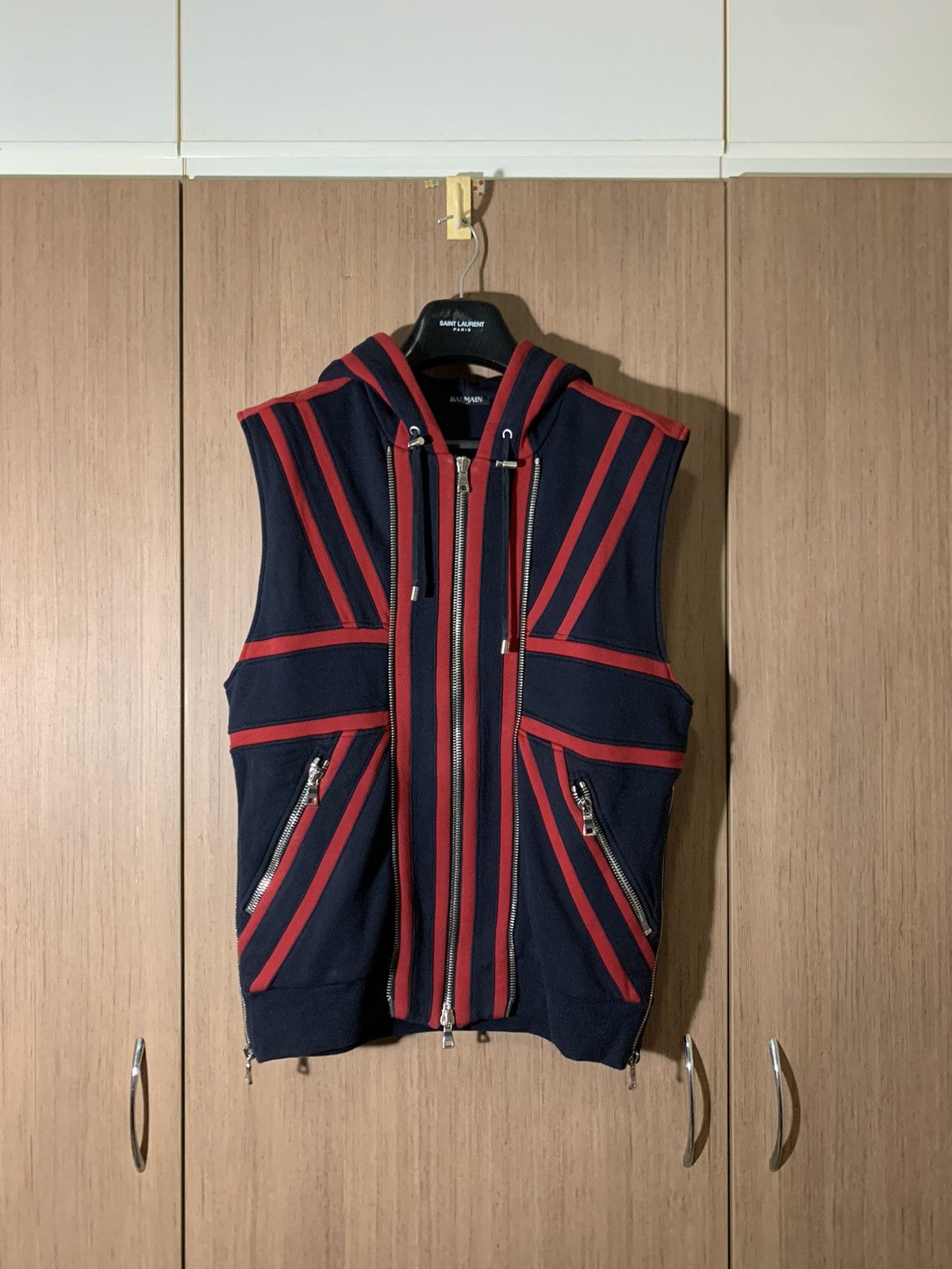 image of Balmain Union Jack Sleeveless Hoodie Size M in Navy, Men's