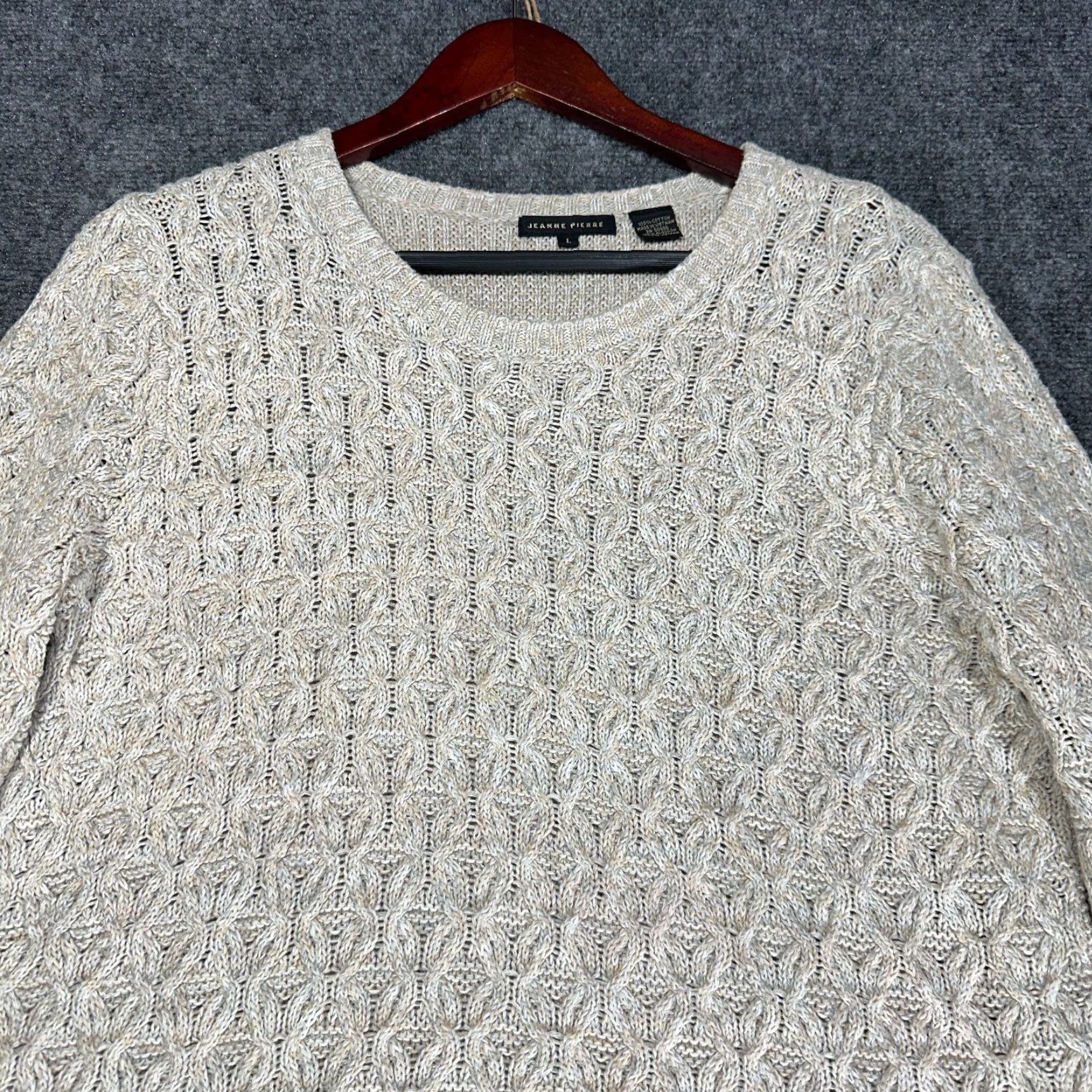 Vintage Jeanne Pierre Sweater Womens Large Beige Cotton Cable Knit Ribbed Hem Size L / US 10 / IT 46 - 3 Thumbnail