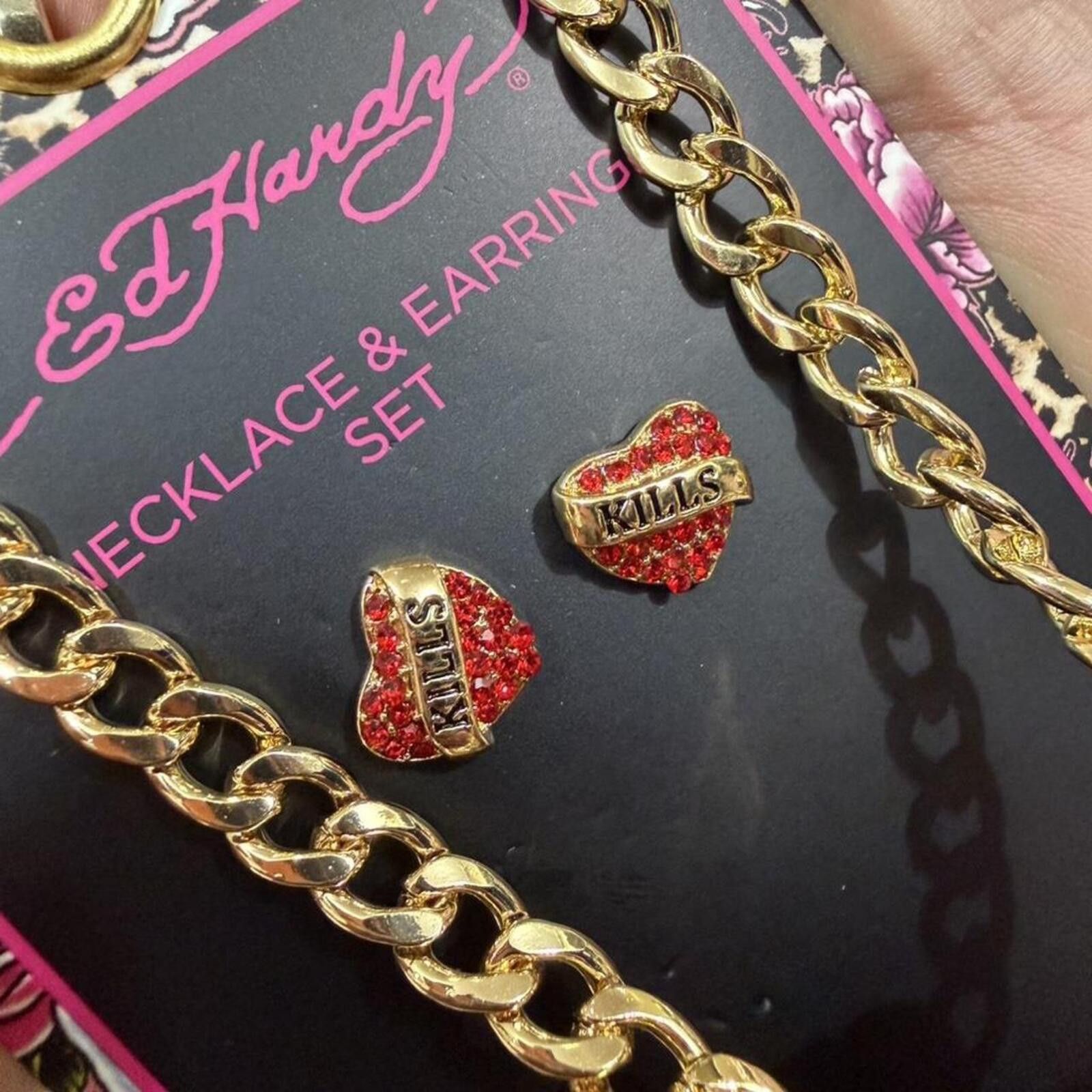 Ed Hardy Ed Hardy red and gold skull design necklace and earring set Size ONE SIZE - 3 Thumbnail