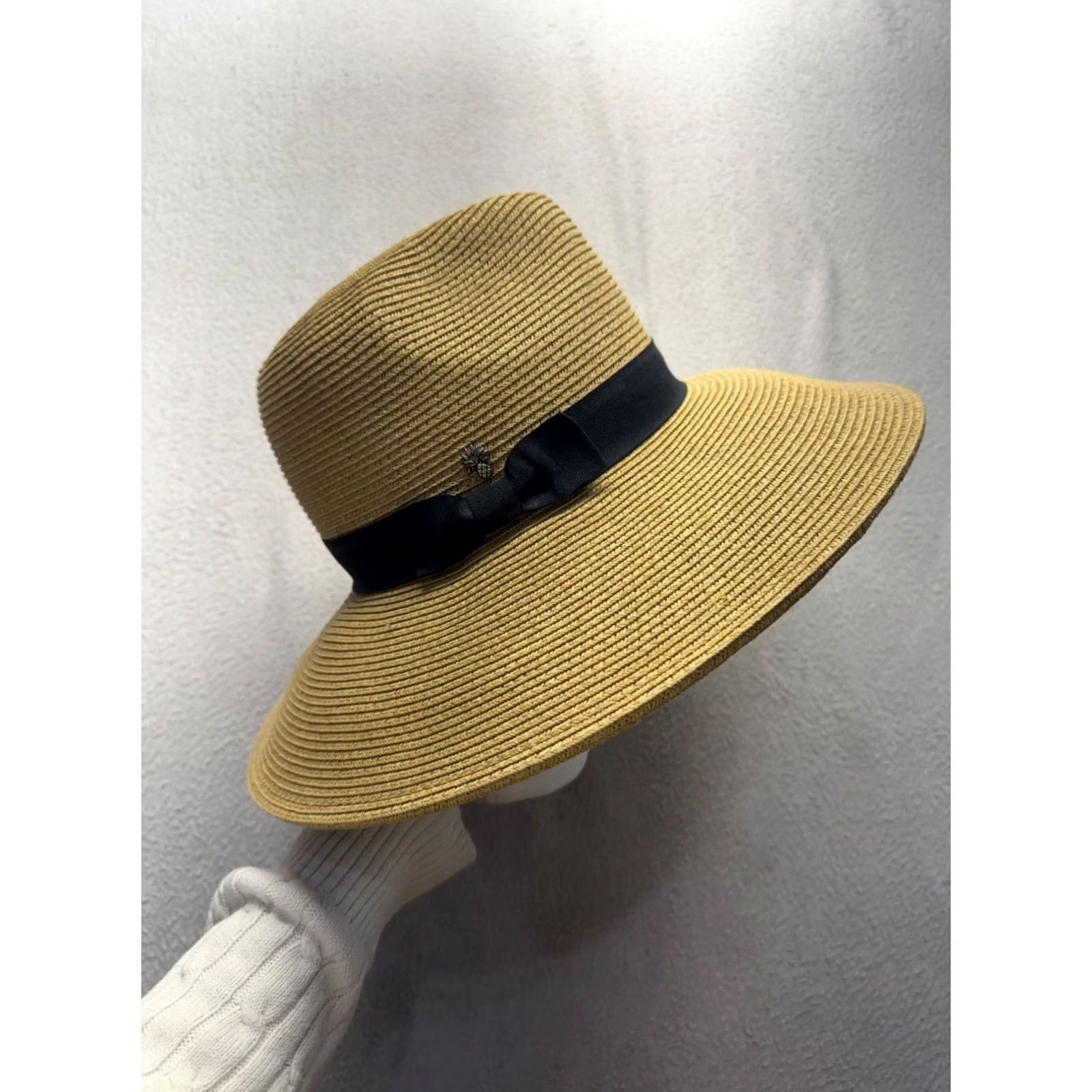 Vintage Cappelli Wide Brim Straw Hat Black Ribbon Bow Pineapple Accent Sun Hat Beach Summer Women's One Size Black Size ONE SIZE - 4 Thumbnail