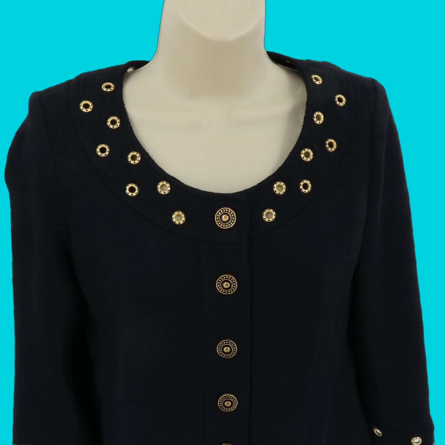 Vintage St John Collection Jacket Womens 2 Black Knit Gold Grommet Button Front Coat Size XS / US 0-2 / IT 36-38 - 1 Thumbnail