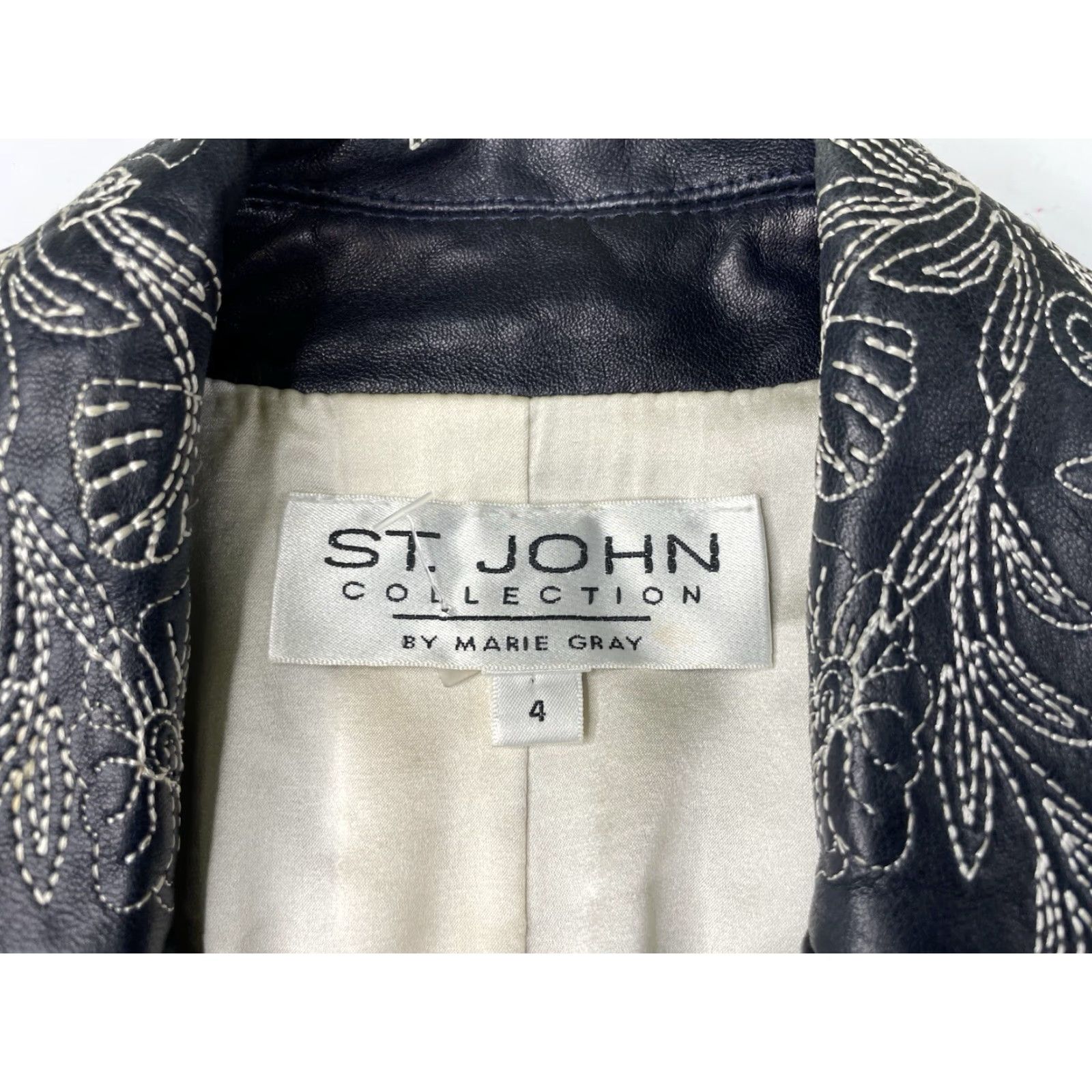 St. John St. John Collection Leather Zip Jacket Navy Floral Embroidery Women’s Size 4 Size S / US 4 / IT 40 - 3 Thumbnail